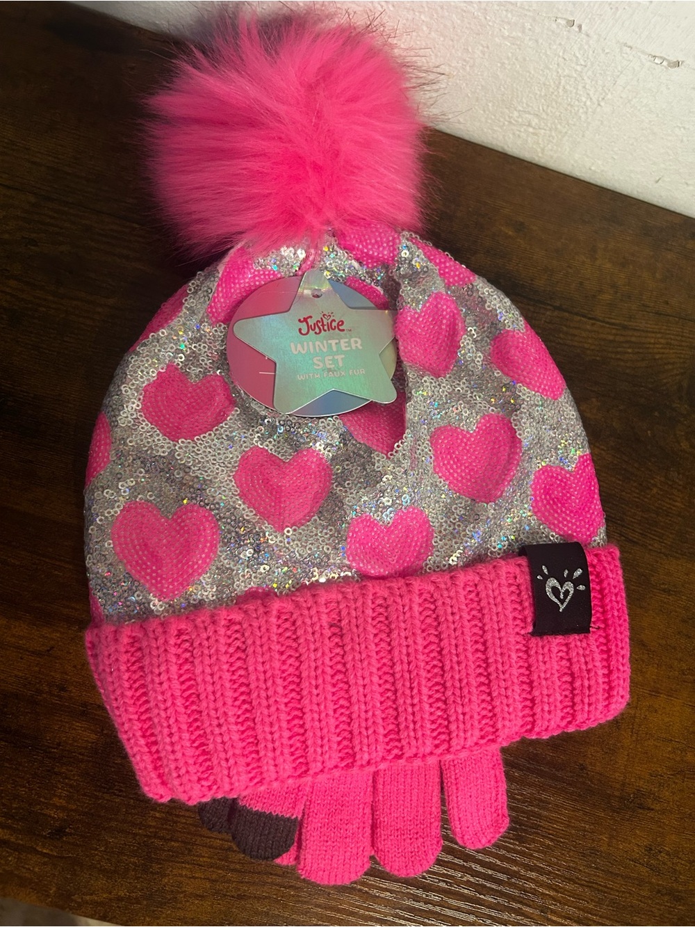 Justice Girls Pink Heart Sequin Pom Pom Hat & Glove Set